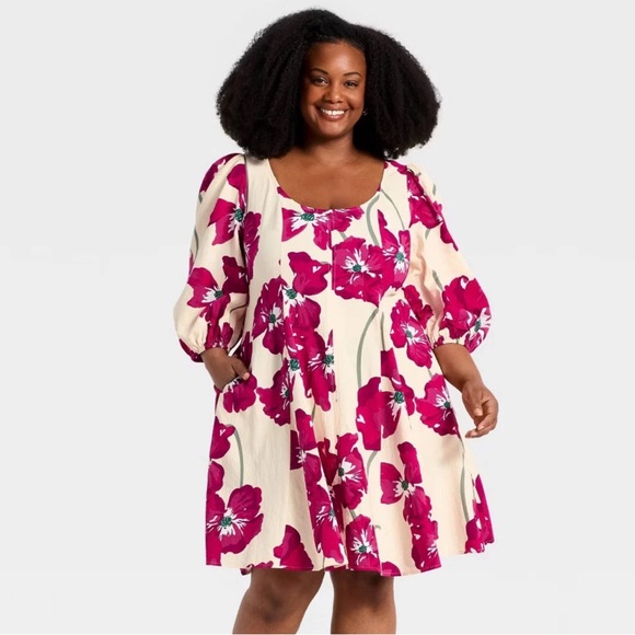Ava & Viv Dresses & Skirts - Ava & Viv NWT Cream and Pink Floral A-Line Midi Dress Size 2X